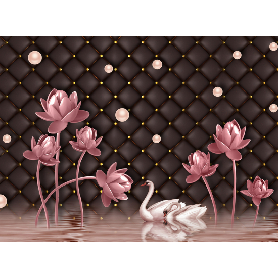 Panoramic Wallpaper - Wall Mural - Flowers Swans Capitons