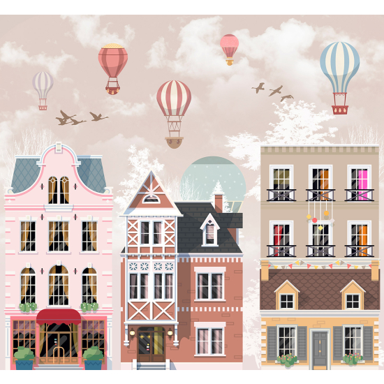 Panoramic Wallpaper - Wall Mural for Children - Hot Air Balloon City