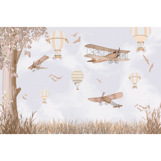 Panoramic Wallpaper - Wall Mural for Children - Hot Air Balloons and Airplanes