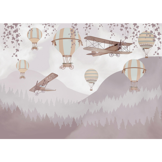 Panoramic Wallpaper - Wall Mural for Children - Mountains Hot Air Balloons