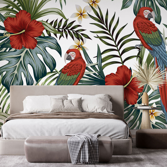 Panoramic Wallpaper - Wall Mural - Parrot Flowers