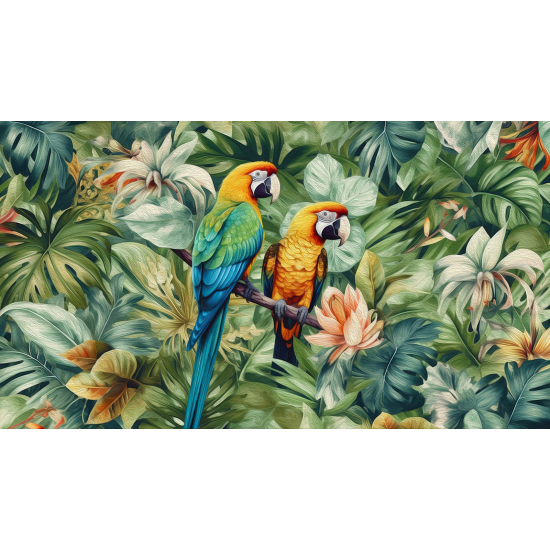 Panoramic Wallpaper - Wall Mural - Parrot Flowers