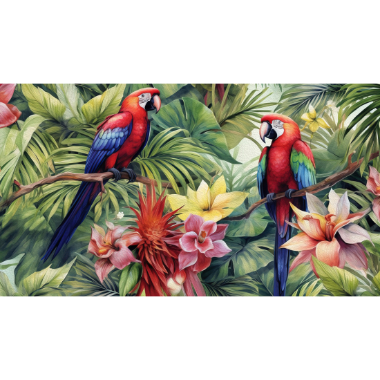 Panoramic Wallpaper - Wall Mural - Parrot Flowers