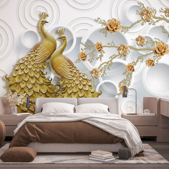 Panoramic Wallpaper - Wall Mural - Peacocks 3D Effect