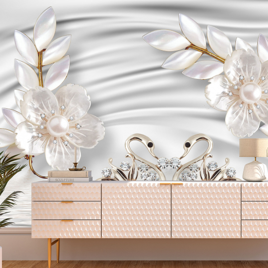 Panoramic Wallpaper - Wall Mural - Pearly Flowers 3D Effect