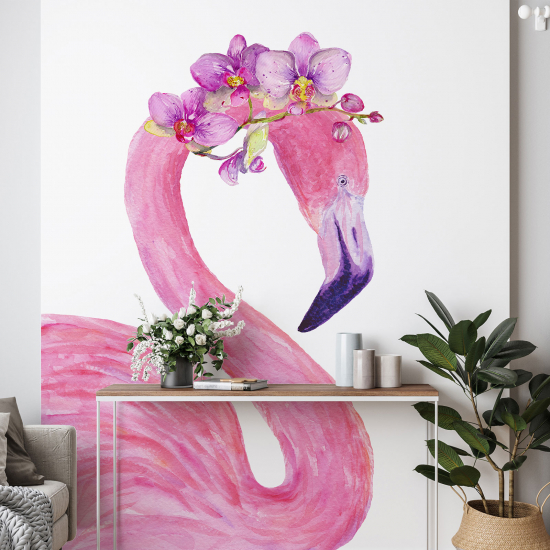 Panoramic Wallpaper - Wall Mural - Pink Flamingo Flowers