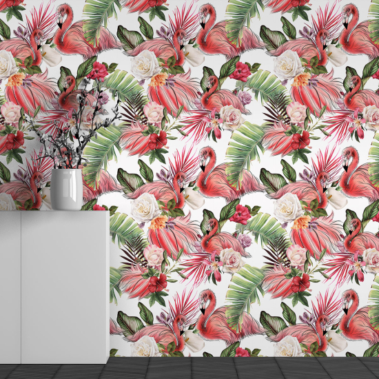 Panoramic Wallpaper - Wall Mural - Pink Flamingo Pattern