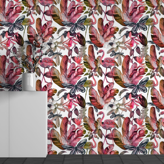 Panoramic Wallpaper - Wall Mural - Pink Flamingo Pattern