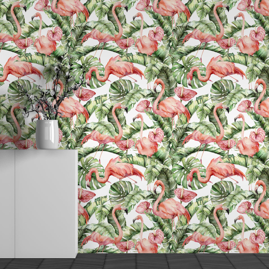 Panoramic Wallpaper - Wall Mural - Pink Flamingo Pattern