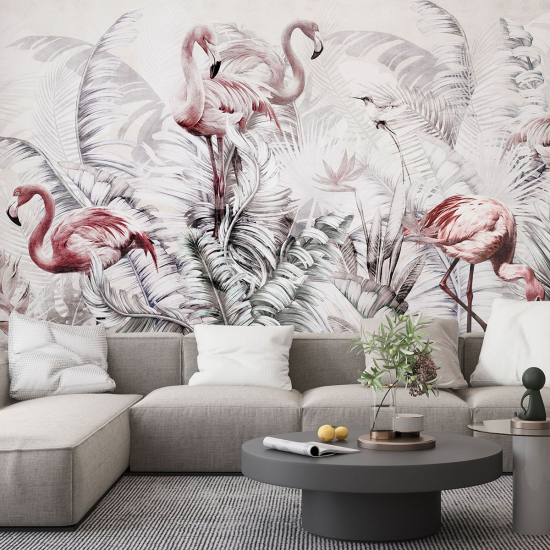 Panoramic Wallpaper - Wall Mural - Pink flamingos