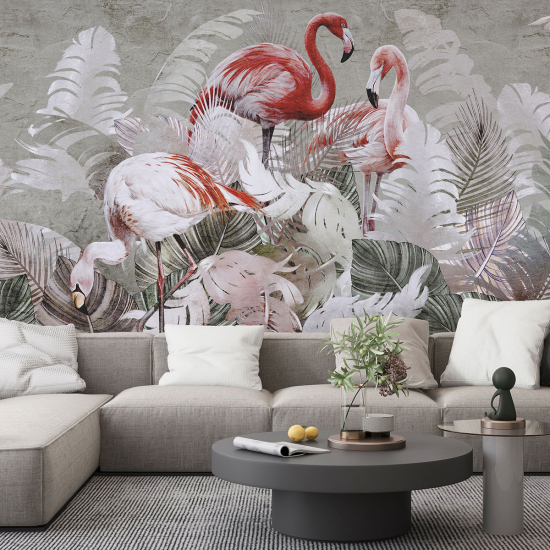 Panoramic Wallpaper - Wall Mural - Pink flamingos