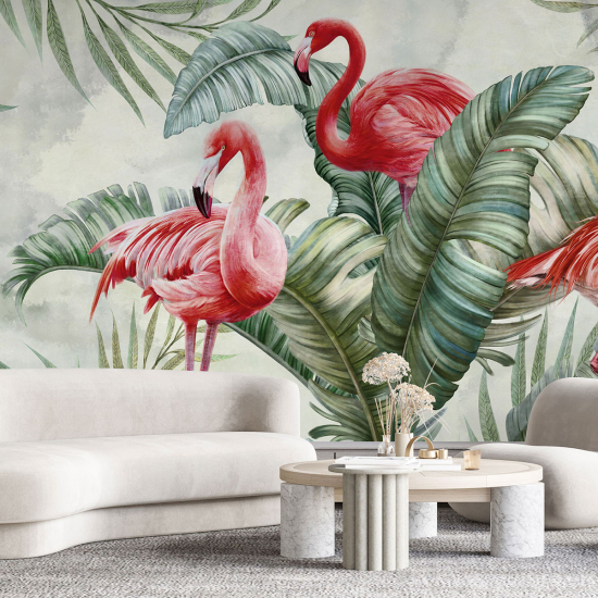 Panoramic Wallpaper - Wall Mural - Pink flamingos