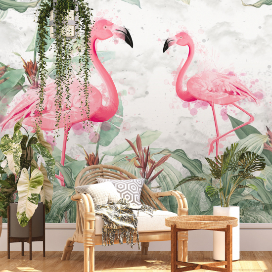 Panoramic Wallpaper - Wall Mural - Pink flamingos