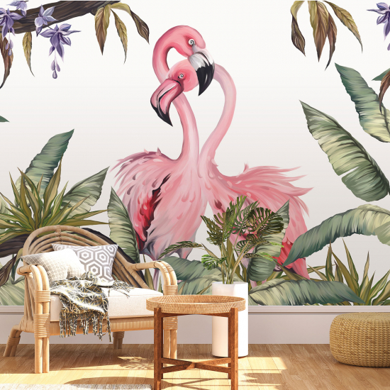 Panoramic Wallpaper - Wall Mural - Pink flamingos