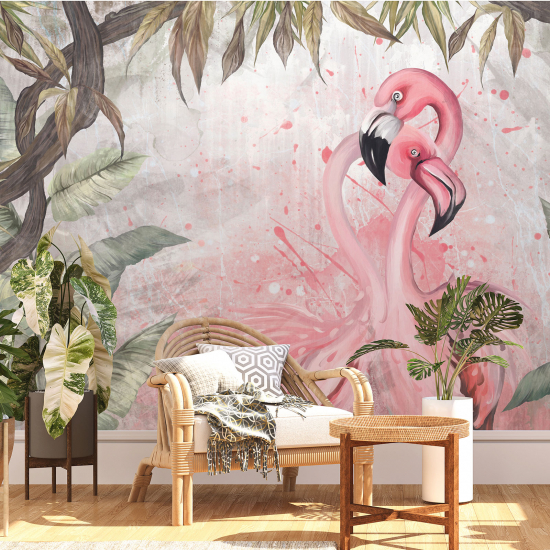 Panoramic Wallpaper - Wall Mural - Pink flamingos