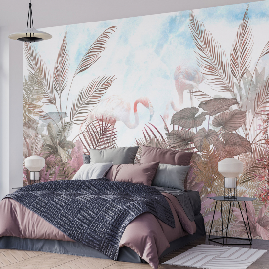 Panoramic Wallpaper - Wall Mural - Pink flamingos