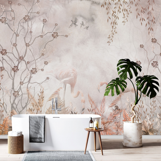 Panoramic Wallpaper - Wall Mural - Pink flamingos