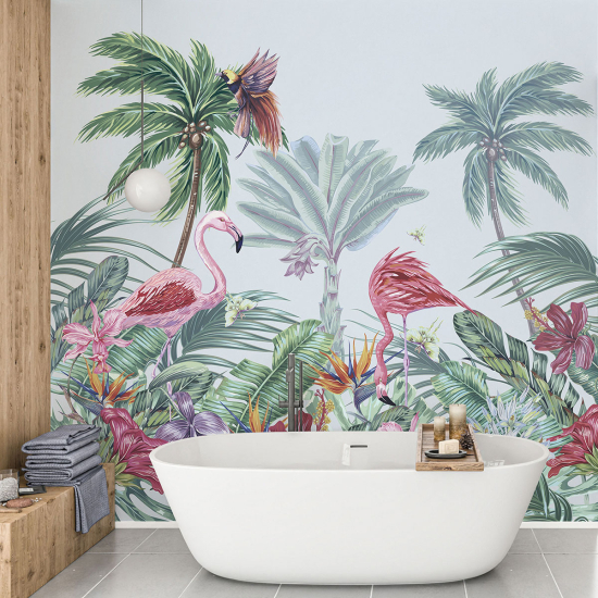 Panoramic Wallpaper - Wall Mural - Pink Flamingos