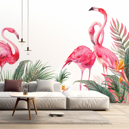 Panoramic Wallpaper - Wall Mural - Pink flamingos