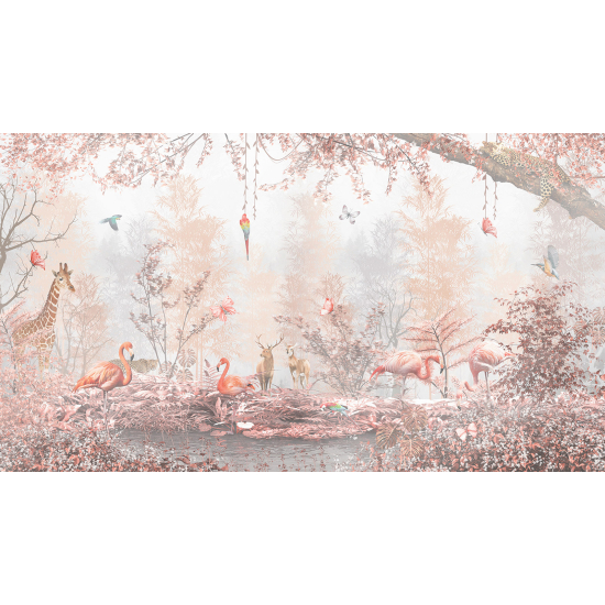 Panoramic Wallpaper - Wall Mural - Pink Flamingos