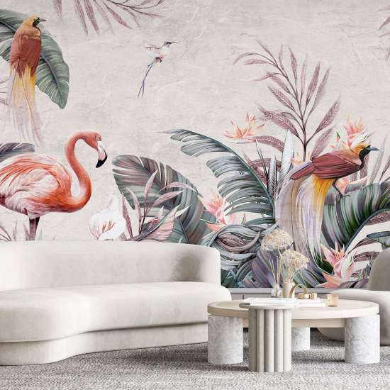 Panoramic Wallpaper - Wall Mural - Pink flamingos Birds