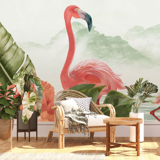 Panoramic Wallpaper - Wall Mural - Pink Flamingos Flowers