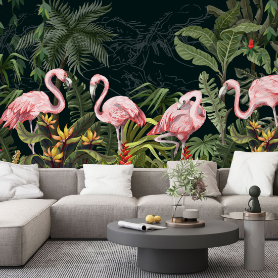 Panoramic Wallpaper - Wall Mural - Pink Flamingos Flowers