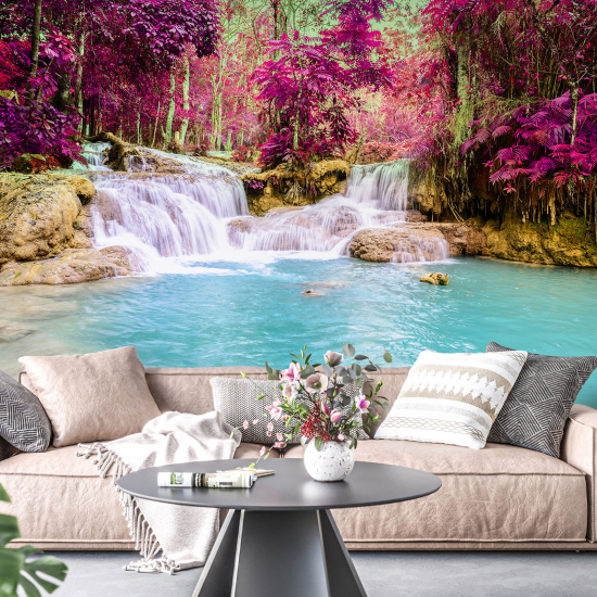 Panoramic Wallpaper - Wall Mural - Pink Flowers Waterfalls