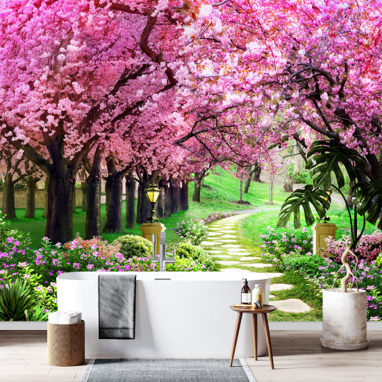 Panoramic Wallpaper - Wall Mural - Pink Leaves Path