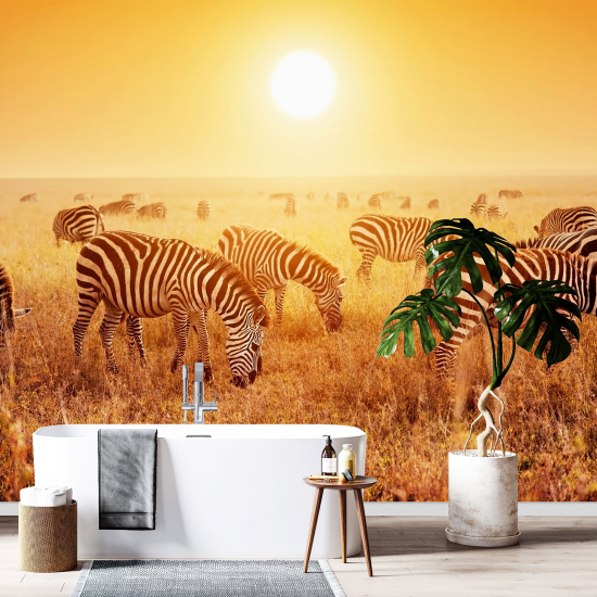 Panoramic Wallpaper - Wall Mural - Savanna Zebras