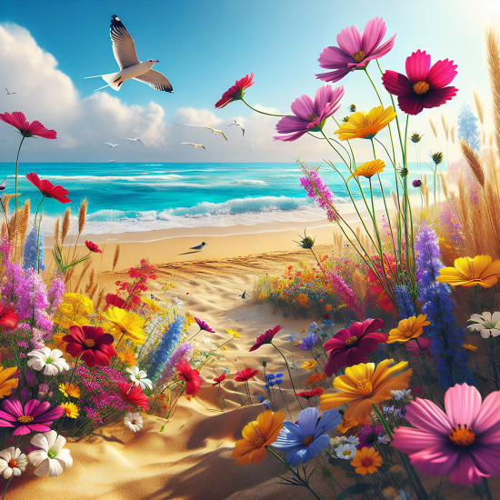 Panoramic Wallpaper - Wall Mural - Sea View Flowers