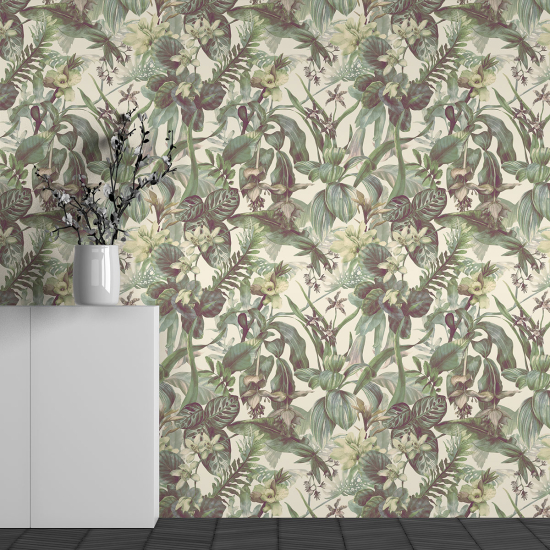 Panoramic Wallpaper - Wall Mural - Tropical Flowers Pattern