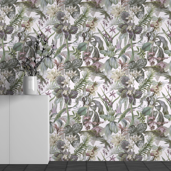 Panoramic Wallpaper - Wall Mural - Tropical Flowers Pattern