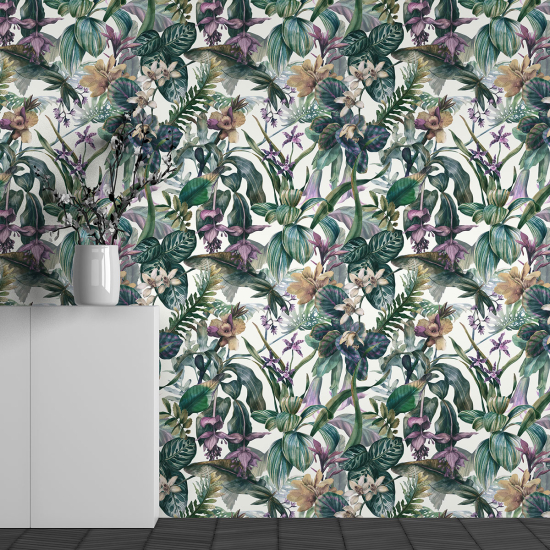 Panoramic Wallpaper - Wall Mural - Tropical Flowers Pattern