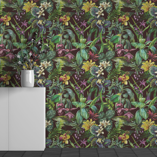 Panoramic Wallpaper - Wall Mural - Tropical Flowers Pattern