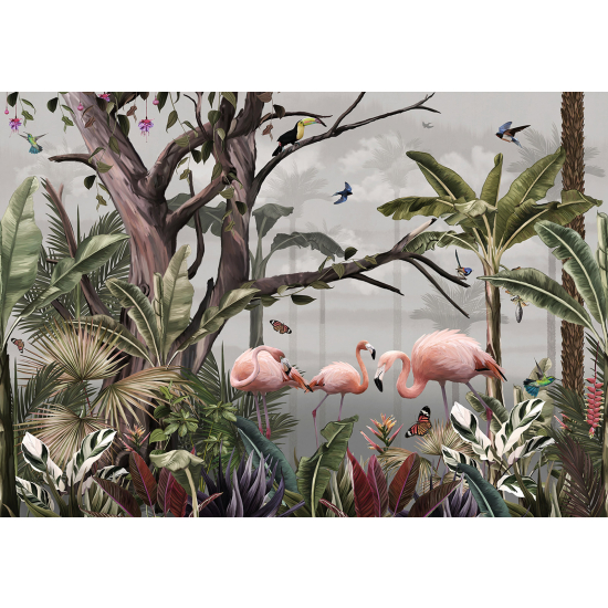 Panoramic Wallpaper - Wall Mural - Tropical Forest Pink Flamingos