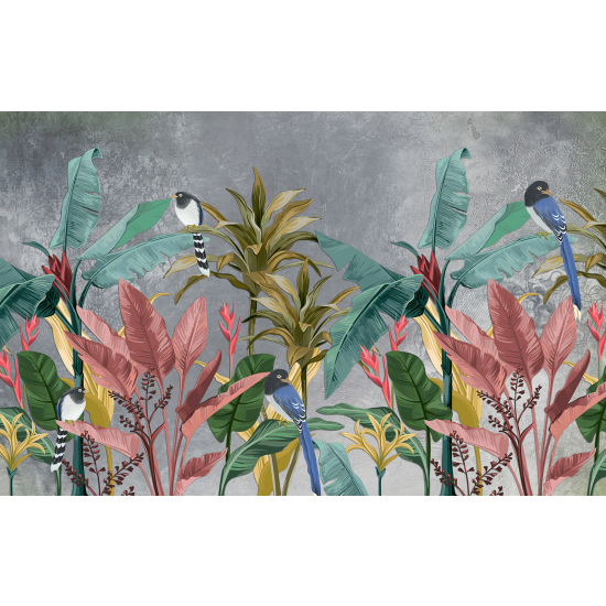 Panoramic Wallpaper - Wall Mural - Tropical Leaves Birds