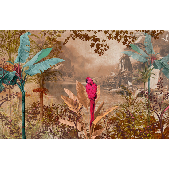 Panoramic Wallpaper - Wall Mural - Tropical Leaves Parrot