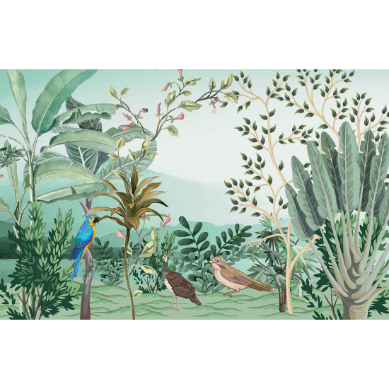 Panoramic Wallpaper - Wall Mural - Tropical Plants Birds