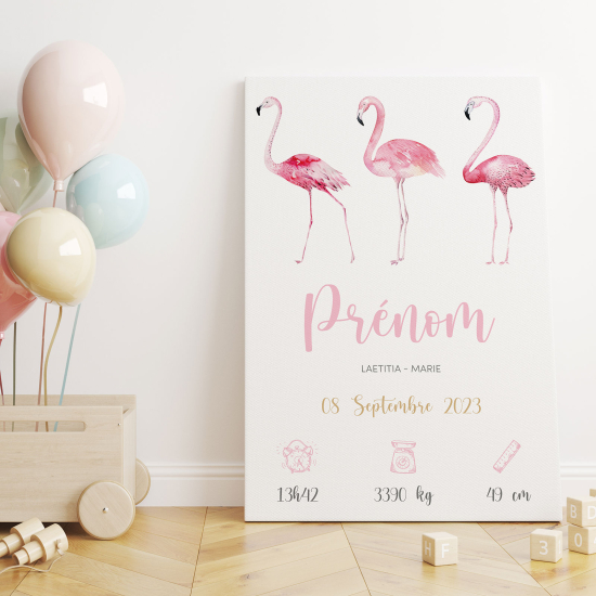 Personalized Baby Birth Canvas Print - Pink flamingos