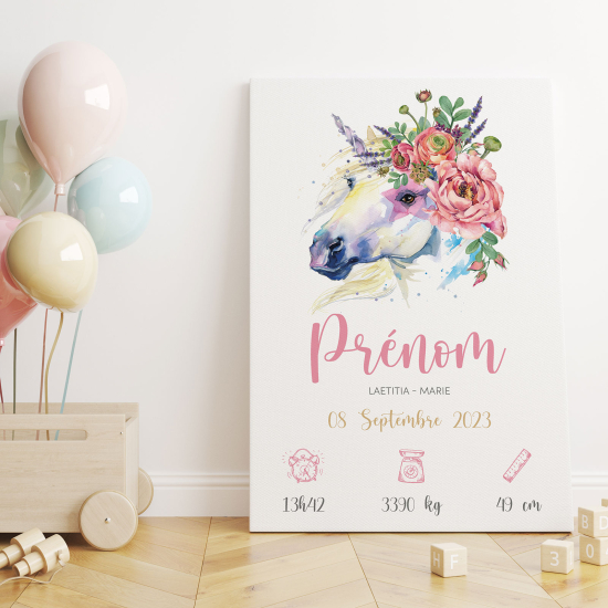 Personalized Baby Birth Canvas Print - Unicorn flowers