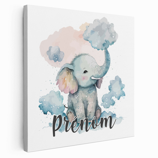 Personalized children's canvas print with name - Baby elephant in the clouds