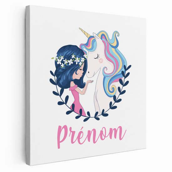 Personalized children's canvas print with name - Girl and unicorn