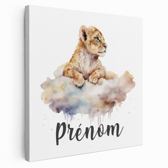 Personalized children's canvas print with name - Lion cub in the clouds