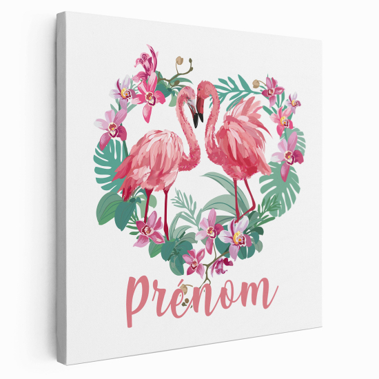 Personalized children's canvas print with name - Pink flamingos