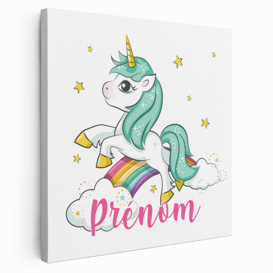 Personalized children's canvas print with name - Rainbow clouds unicorn