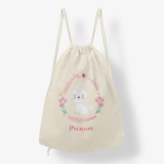 Personalized Drawstring Backpack for Kids - Floral Rabbit