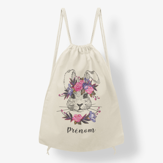 Personalized Drawstring Backpack for Kids - Floral Rabbit