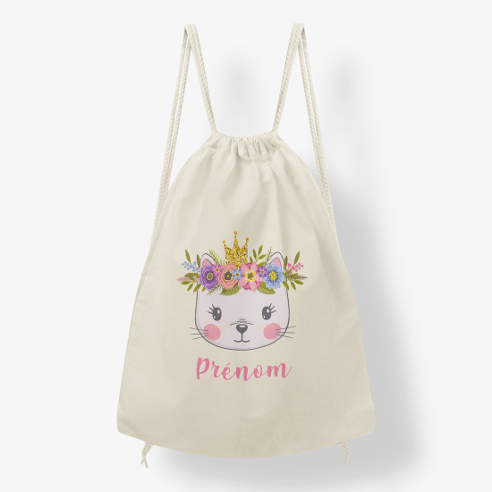 Personalized Drawstring Backpack for Kids - Flowered cat