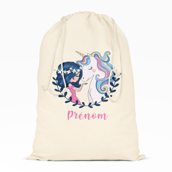 Personalized Drawstring bag for Kids - Girl and unicorn